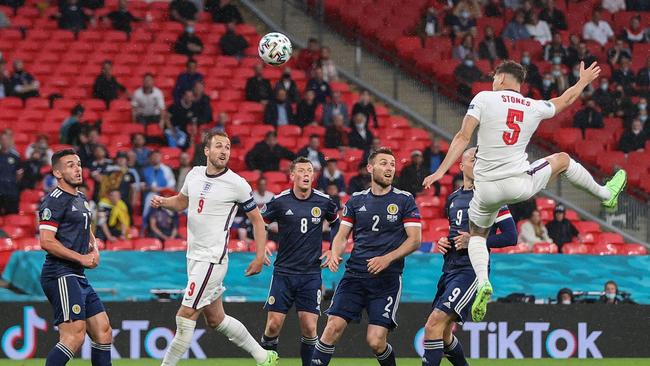 England defender John Stones heads against the post during the UEFA Euro 2020 Group D match against Scotland. Picture: AFP