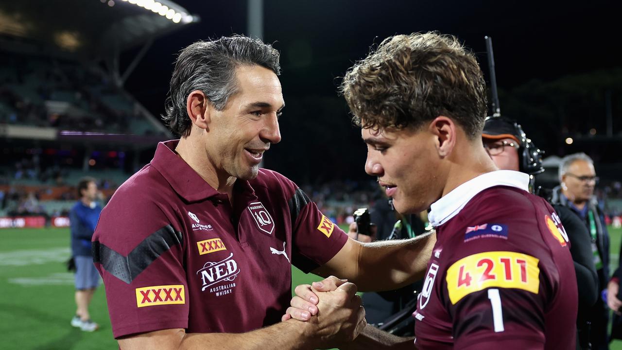 ADELAIDE, AUSTRALIA - MAY 31: Maroons coach Billy Slater and Reece Walsh of the Maroons celebrate winning game one of the 2023 State of Origin series between the Queensland Maroons and New South Wales Blues at Adelaide Oval on May 31, 2023 in Adelaide, Australia. (Photo by Cameron Spencer/Getty Images)