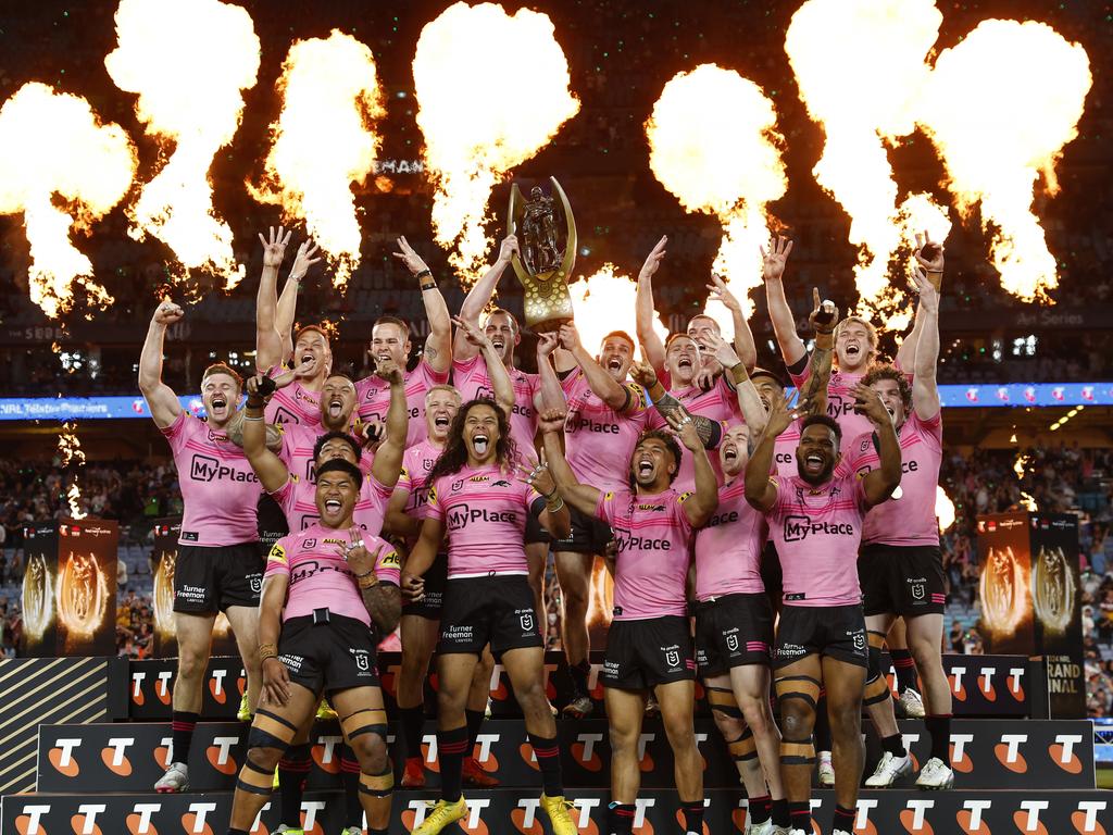 DAILY TELEGRAPH OCTOBER 6, 2024. Panthers celebrating winning the NRL Grand Final against Melbourne Storm at Accor Stadium, Sydney Olympic Park. Picture: Jonathan Ng