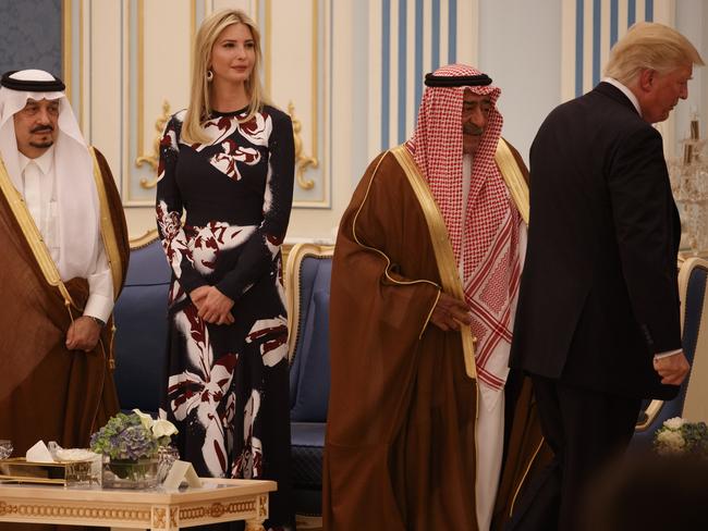 Ivanka Trump watches her father, President Donald Trump, arrive for a presentation ceremony of The Collar of Abdulaziz Al Saud Medal, at the Royal Court Palace, Saturday, May 20, 2017, in Riyadh. Picture: Evan Vucci