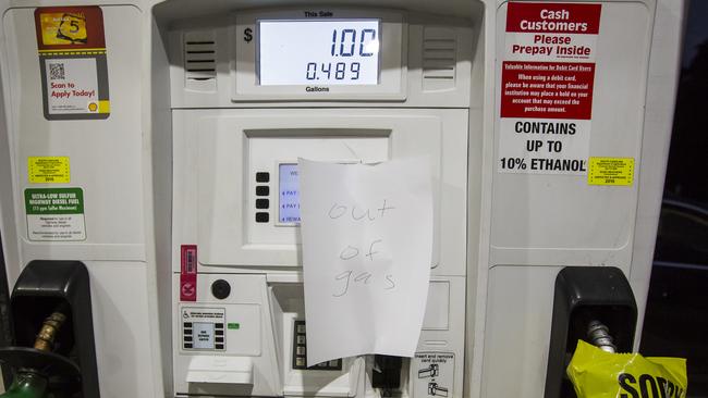 Gas pumps are empty at a Shell gas station after customers filled their gas tanks in advance of Hurricane Matthew in South Carolina. Picture: AP/Mic. Smith