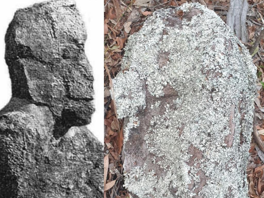 Left: Kabi Ancestor figure previously removed from Djaki Kundu and placed in the Gympie Museum, Right: A Kabi Ancestor figure (head) still remaining at Djaki Kundu