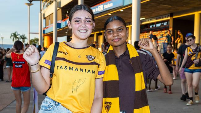 Shenelle Edwards and Hayley Moore at the Gold Coast Suns v Hawthorn AFL match at TIO Stadium. Picture: Pema Tamang Pakhrin