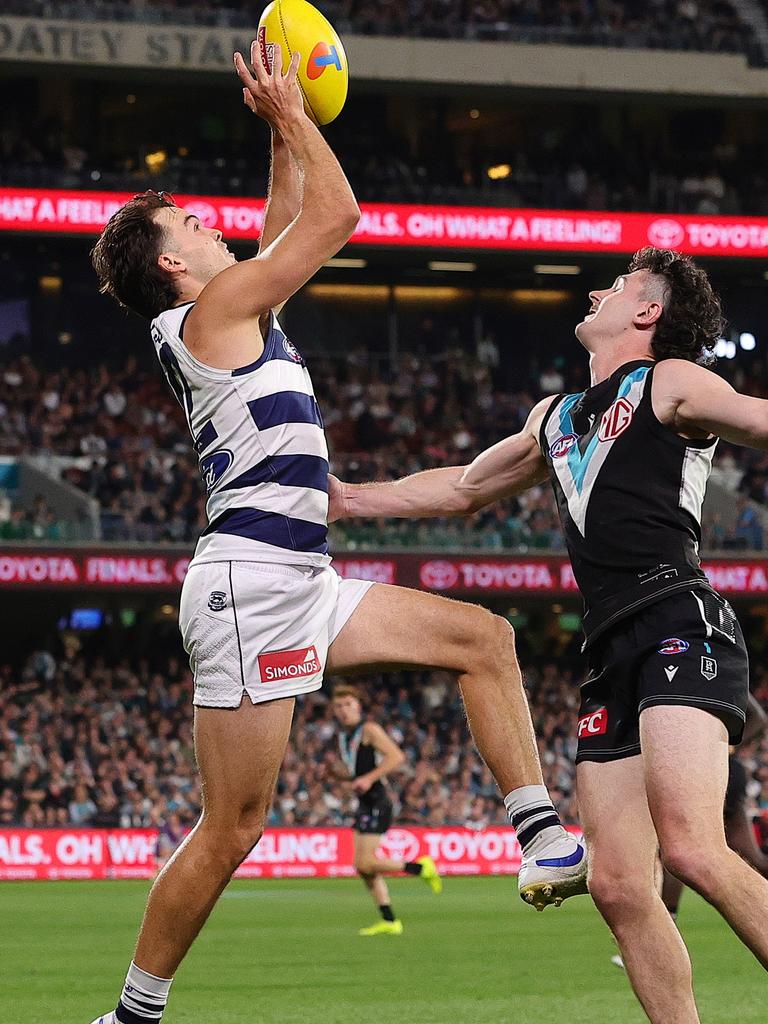 Byrne-Jones struggled after being moved down back. Picture: Sarah Reed/AFL Photos via Getty Images