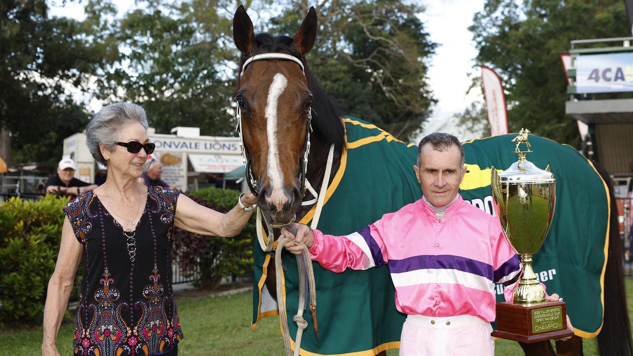 Fast Train, ridden by jockey Shane Pawsey and trained by Janelle Ryan, wins the Gordonvale Cup, held at the Gordonvale Turf Club. Picture: Brendan Radke