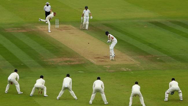 Five slips as Stuart Broad steams in. Picture: Julian Finney/Getty Images