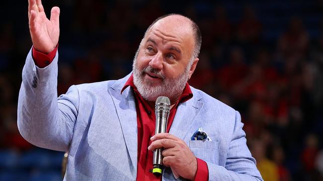 Craig Hutchison talks during a ceremony to retire the playing number of Shawn Redhage following the round 16 NBL match between Perth Wildcats and Sydney Kings at RAC Arena, on January 20, 2023, in Perth, Australia. (Photo by Paul Kane/Getty Images)