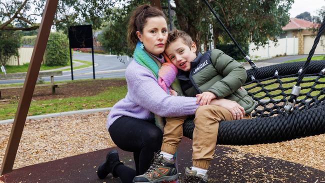 Maddie Francis is pushing for Banyule council to install fencing around more of its playgrounds, to help keep her autistic son Ashton safe. Picture: Aaron Francis