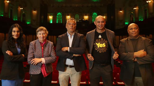 The great shame at the centre of this campaign is that high-profile Yes lawyers closed ranks long ago, writes Janet Albrechtsen. Pictured: Anne Twomey, second left, along with Shireen Morris, Stan Grant, Thomas Mayo and Shane Phillips. Picture: John Feder