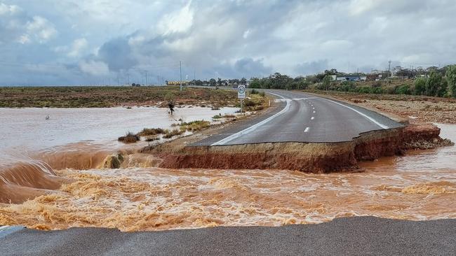 The road to Woomera and Roxby Downs is split. This shot from the manager of Spud’s Roadhouse in Pimba shows the damage. Picture: Spud’s Roadhouse