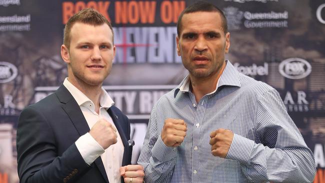 Jeff Horn and Anthony Mundine face off during a media conference. Picture: Peter Wallis