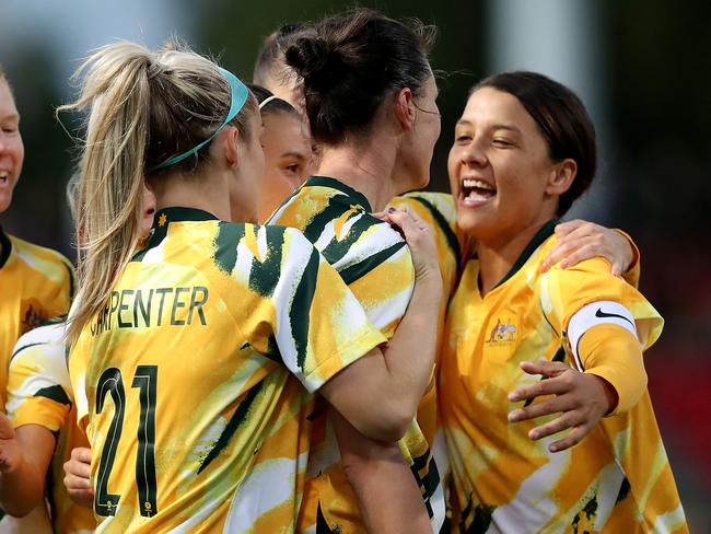 The Matildas celebrate a goal during the International friendly match between Australia and Chile at Coopers Stadium in Adelaide, Tuesday, November 12, 2019. (AAP Image/James Elsby) NO ARCHIVING, EDITORIAL USE ONLY
