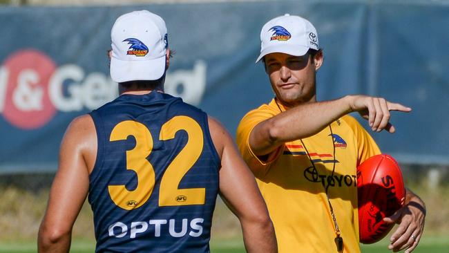 Assistant coach James Rahilly talks to Darcy Fogarty at Crows training at West Lakes, Thursday, February 18, 2021. Picture: Brenton Edwards