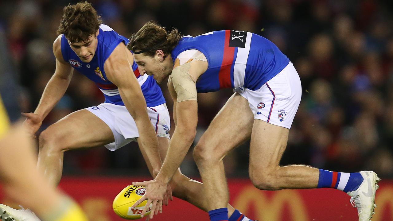 Bulldogs Marcus Bontempelli and Josh Dunkley. Picture: Michael Klein