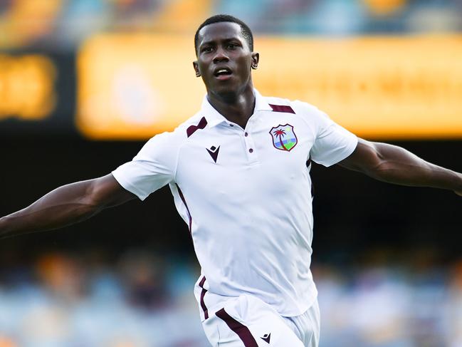 BRISBANE, AUSTRALIA - JANUARY 28: Shamar Joseph of West Indies celebrates dismissing Josh Hazlewood of Australia and winning the match for West Indies during day four of the Second Test match in the series between Australia and West Indies at The Gabba on January 28, 2024 in Brisbane, Australia. (Photo by Albert Perez - CA/Cricket Australia via Getty Images)