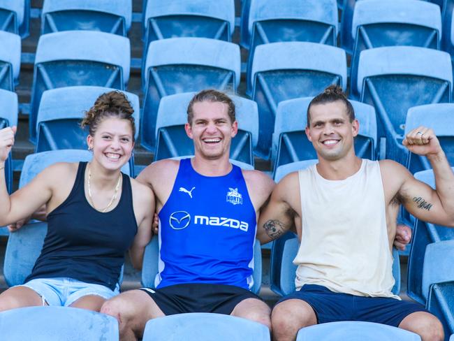 Jed Anderson (centre) with sister J’Noemi and brother Joe at TIO Stadium. Picture: Glenn Campbell