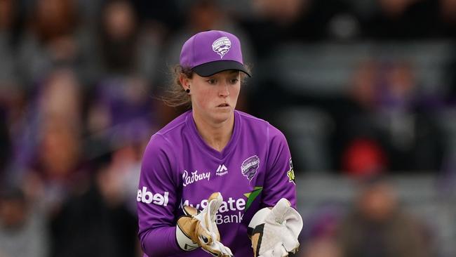 Wicketkeeper Emily Smith of the Hurricanes looks on during the Women's Big Bash League (WBBL) match between Hobart Hurricanes and Sydney Sixers at Invermay Park, Launceston, Wednesday, November 13, 2019. (AAP Image/Scott Barbour) NO ARCHIVING, EDITORIAL USE ONLY, IMAGES TO BE USED FOR NEWS REPORTING PURPOSES ONLY, NO COMMERCIAL USE WHATSOEVER, NO USE IN BOOKS WITHOUT PRIOR WRITTEN CONSENT FROM AAP