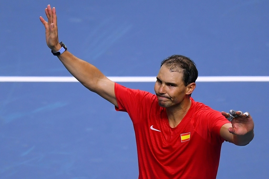 Spain's Rafael Nadal greets the fans at the end of his quarter-final singles defeat against the Netherlands