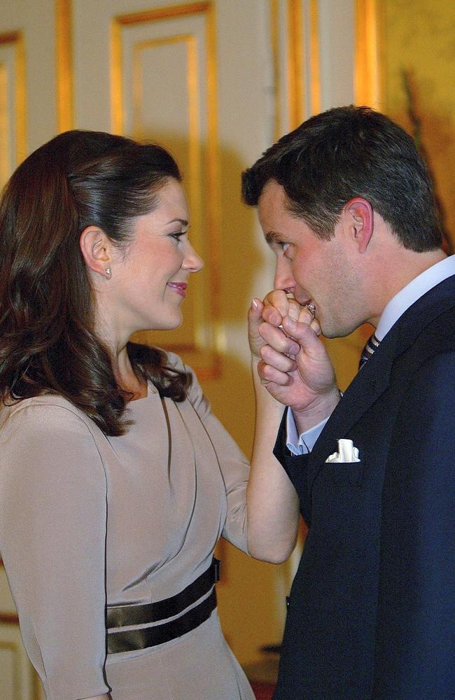 Prince Frederik kisses the hand of Mary after announcing their engagement in 2003 in Fredensborg, Denmark. Picture: Eric Travers/Gamma-Rapho via Getty Images