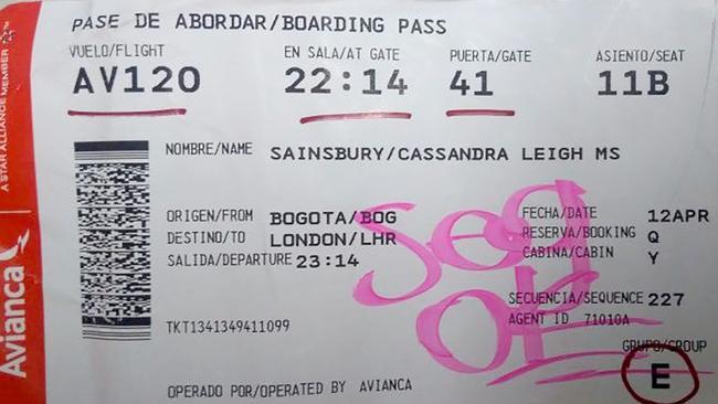 Accused Australian drug smuggler Cassandra Sainsbury's airline boarding pass seized by cops in Colombia after her April 11 arrest at Bogota's international airport. Picture: Splash