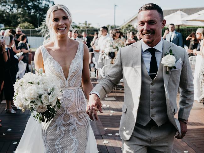 State of Origin star Damien Cook and wife Courtney Blaine celebrate their wedding with family and friends. Picture: Jason Corrotto Photography