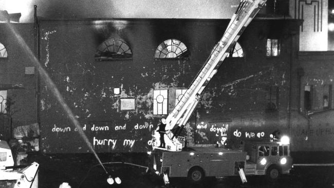 The St Moritz ice-skating rink on fire in St Kilda in 1982.