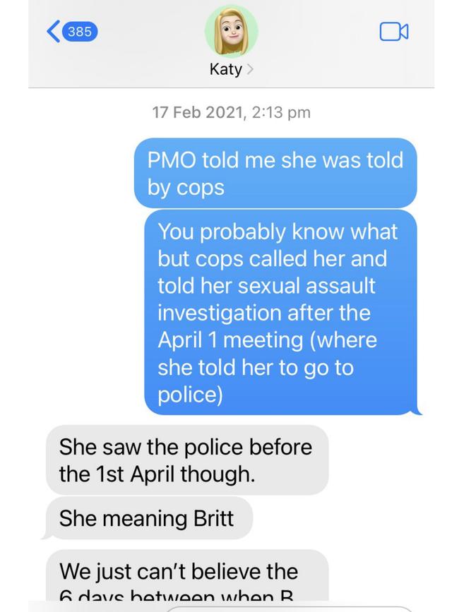 A text message exchange between Maiden and Katy Gallagher.