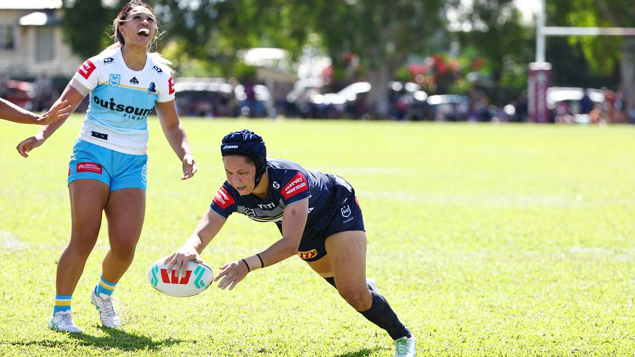 Tahlulah Tillett scores a try in the NRLW pre season match between the North Queensland Cowboys women and the Gold Coast Titans women's team, held at Alley Park, Gordonvale. Picture: Brendan Radke