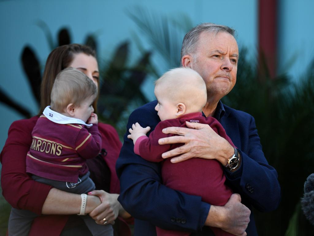 Mr Albanese was photographed holding Dash, Lilley MP Anika Wells’ son, during the election campaign. Picture: NCA NewsWire / Dan Peled