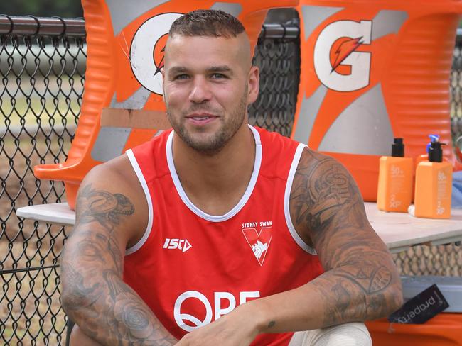 Lance Franklin watches the first day of Sydney training at Lakeside Oval.