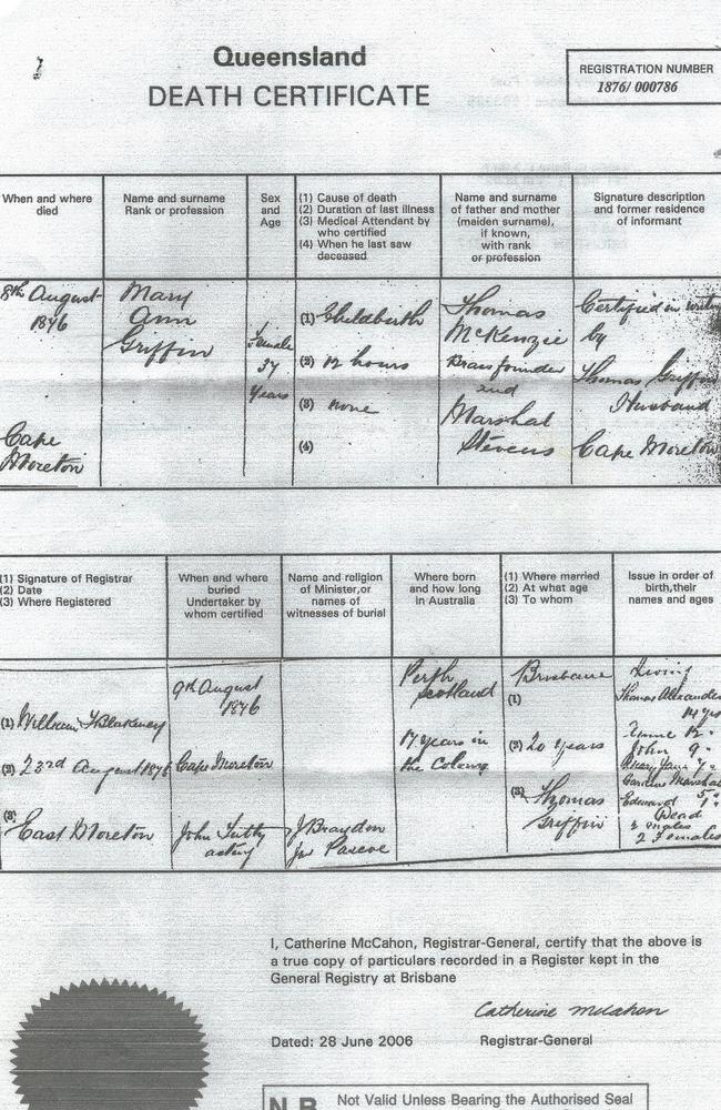 Mary’s death certificate. Picture: Supplied