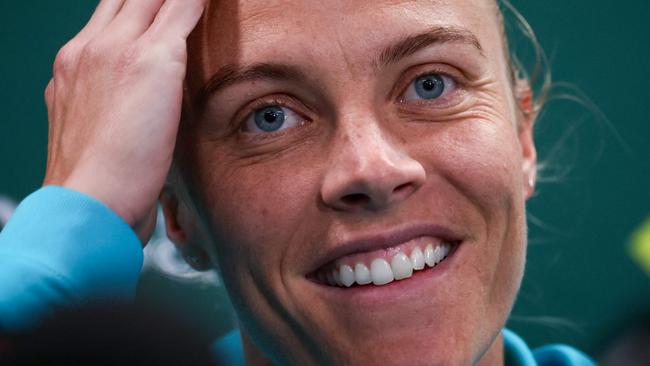 Australia's Tameka Yallop reacts during a press conference at the Sydney Football Stadium in Sydney on August 14, 2023, ahead of the Australia and New Zealand 2023 Women's World Cup semi-final football match against England. (Photo by DAVID GRAY / AFP)