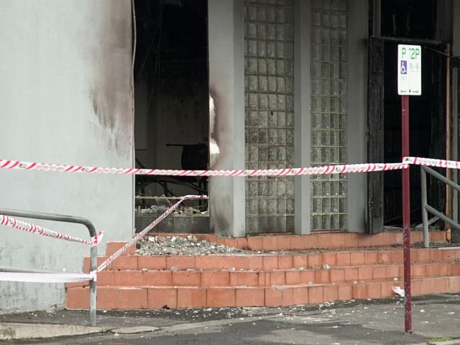 The fire damage at the Adass Israel Synagogue as daylight arrived. Picture: AFP