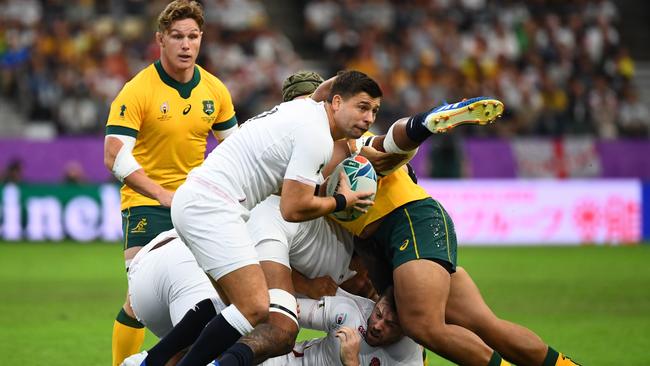 England’s scrum-half Ben Youngs looks to pass during the Rugby World Cup quarter-final match between England and Australia at the Oita Stadium in Oita. Picture: AFP