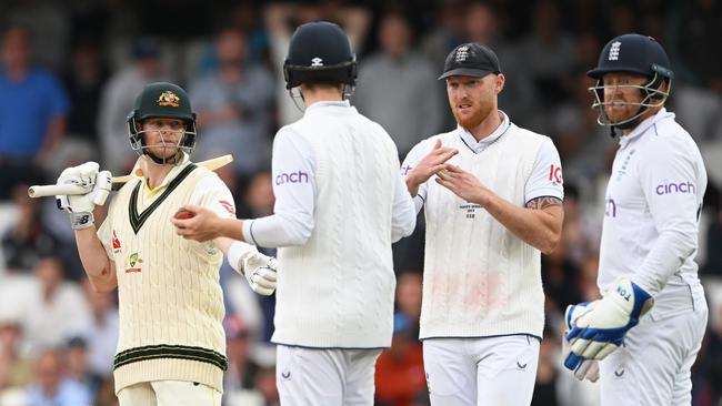 Ben Stokes calls for a review as Steve Smith is given not out. (Photo by Stu Forster/Getty Images)