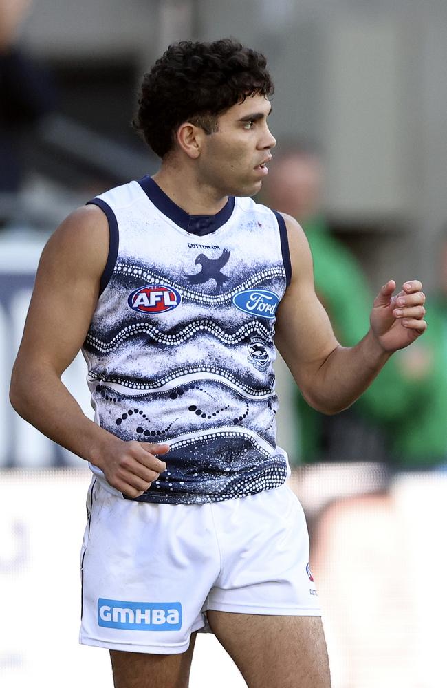 GEELONG, AUSTRALIA – MAY 28: Tyson Stengle of the Cats celebrates a goal during the round 11 AFL match between the Geelong Cats and the Adelaide Crows at GMHBA Stadium on May 28, 2022 in Geelong, Australia. (Photo by Martin Keep/Getty Images)