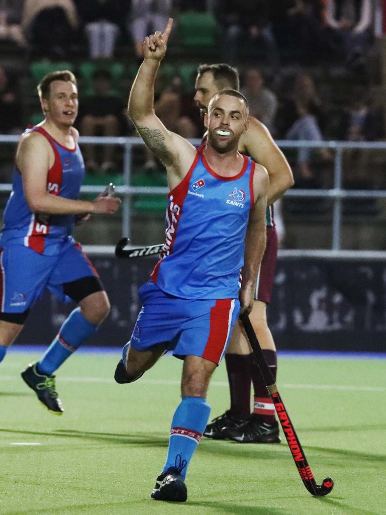 Saints' Mitch Birt celebrates scoring a goal in the Cairns Hockey A Grade Men's match between Cairns Brothers and Cairns Saints. PICTURE: BRENDAN RADKE