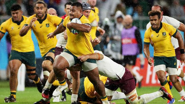 FUKUROI, JAPAN - OCTOBER 11: Taniela Tupou of Australia on the charge during the Rugby World Cup 2019 Group D game between Australia and Georgia at Shizuoka Stadium Ecopa on October 11, 2019 in Fukuroi, Shizuoka, Japan. (Photo by Cameron Spencer/Getty Images)