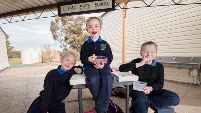 Ultima Primary School pupils Shadelle, 5, Khloe, 5 and Tyson, 10. Picture: Jason Edwards