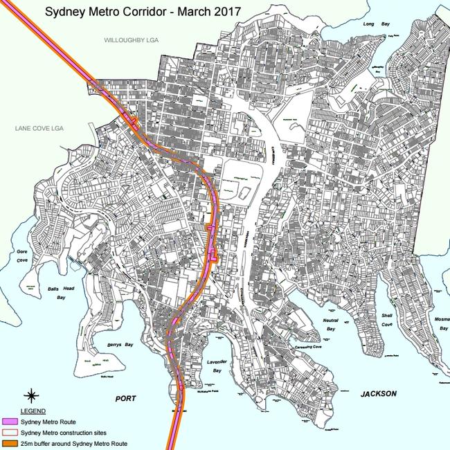 The Sydney Metro exact route through North Sydney and Crows Nest. Image: North Sydney Council