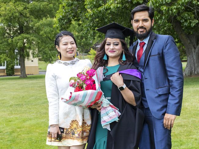 Deepa Shrestha, Jamila Miya and Ajijdin Miya at the UTAS Graduation at Launceston. PICTURE CHRIS KIDD