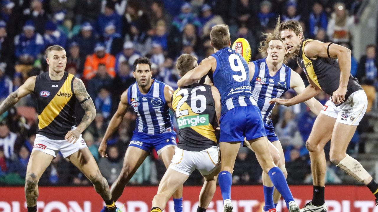 17,844 is the record AFL crowd at Blundstone arena, which came in 2016 for a North Melbourne vs Richmond game. (AAP Image/Rob Blakers) NO ARCHIVING, EDITORIAL USE ONLY