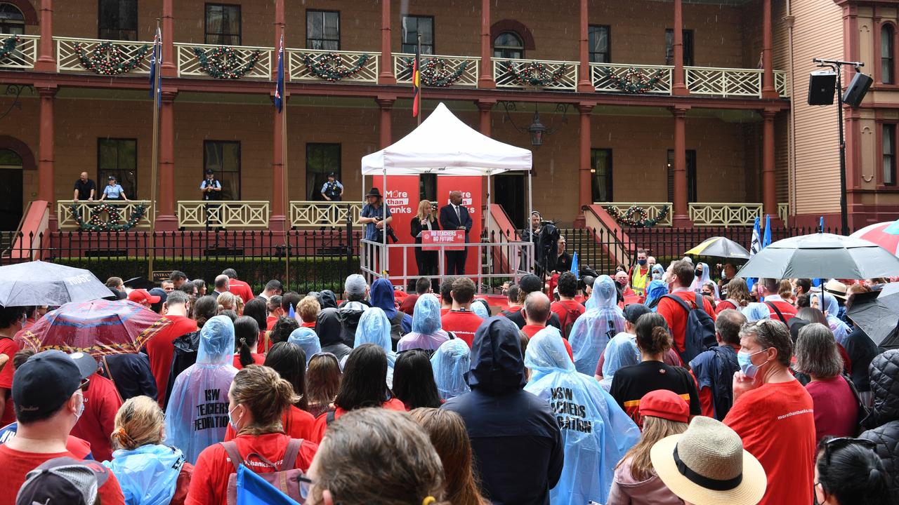 Thousands of teachers rallied outside NSW Parliament House last December to protest pay and staff shortages. Picture: James D. Morgan/Getty Images