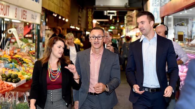 Senator Sarah Hanson-Young with Australian Greens Leader Richard Di Natale Robert Simms at the Adelaide Central Market. Photo Sam Wundke