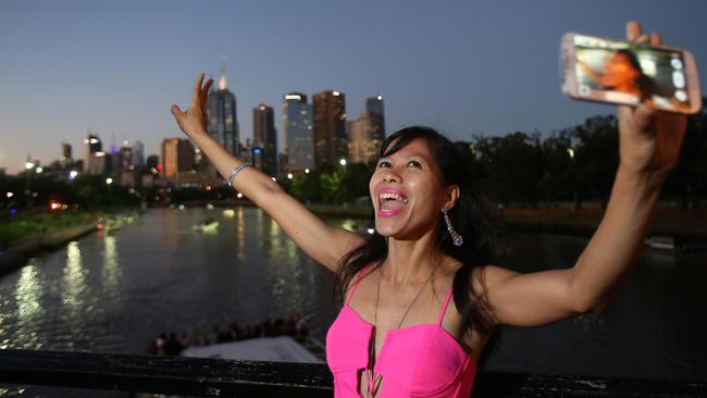 Isabel Cabatuan, from Box Hill, rings in the New Year. Picture Yuri Kouzmin