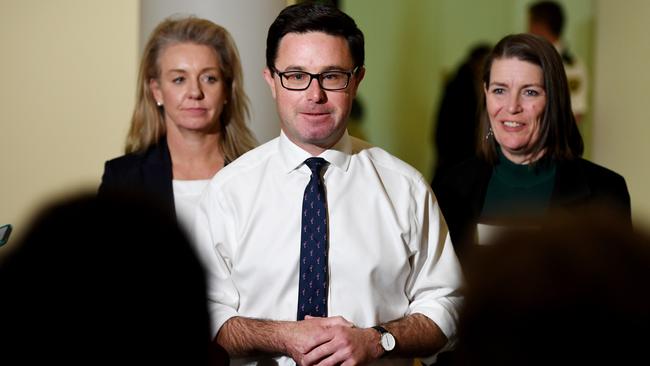 Nationals party leader David Littleproud with Bridget McKenzie, left, and Perin Davey. Picture: NCA NewsWire / Tracey Nearmy