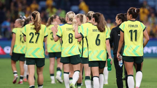 The Matildas thank their fans after beating South Korea 1-0. Picture: Cameron Spencer/Getty Images