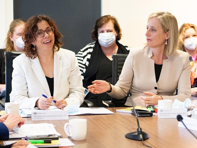 SA Minister for Social Services Amanda Rishworth and Senator for the Australian Capital Territory, Minister for Finance, Women and the Public Service Katy Gallagher speak at a round table discussion about domestic violence in Adelaide/ Kaurna Yarta, South Australia on Friday, July 22, 2022. (The Advertiser/ Morgan Sette)