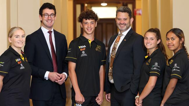 Tjindu Foundation students Mackayla Harrison, Speaker Dan Cregan, Jason Coaby, Attorney-General Kyam Maher, Jordan Horne and Tayah Coulthard-Todd. Picture: Russell Millard