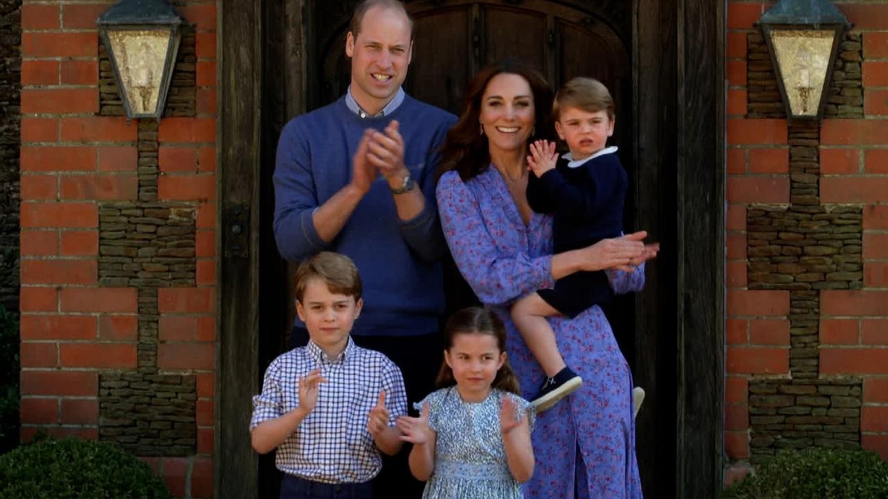 Prince William, Duke of Cambridge, Catherine Duchess of Cambridge, Prince George of Cambridge, Princess Charlotte of Cambridge and Prince Louis of Cambridge clap for NHS carers. Picture: Getty Images.